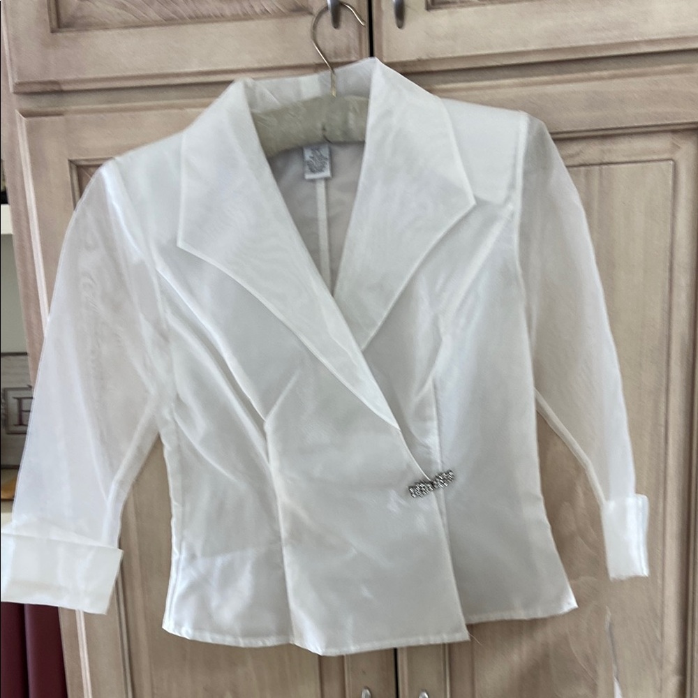 Metaphor Elegant White Sheer Blazer with Rhinestone Detail topper